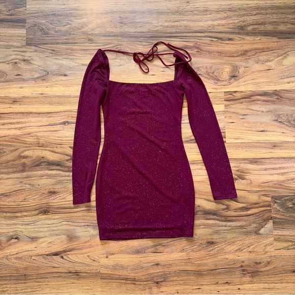 Lucy in the Sky Sparkling Square Neck Dress in Burgundy - Picture 1 of 4